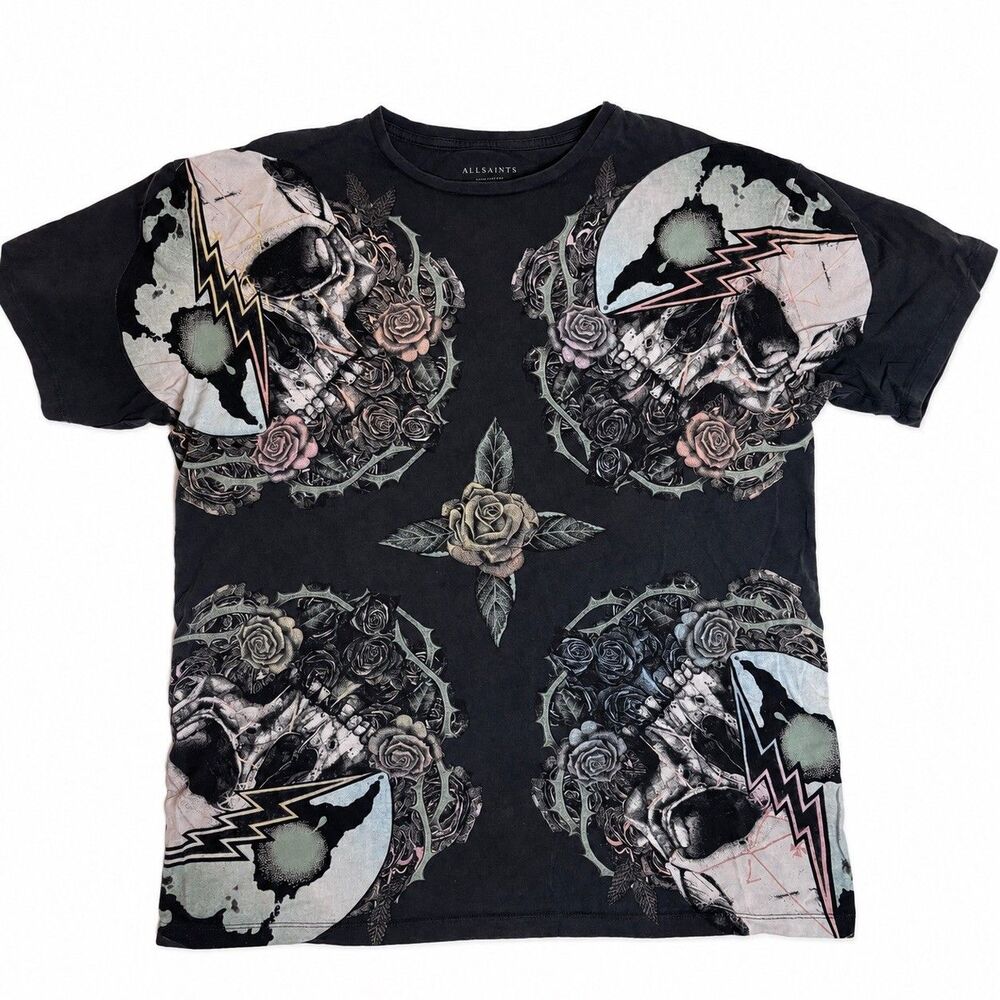 AllSaints Orbit Art Skulls Big Logo SS Oversize Fit T Shirt Size Medium Black